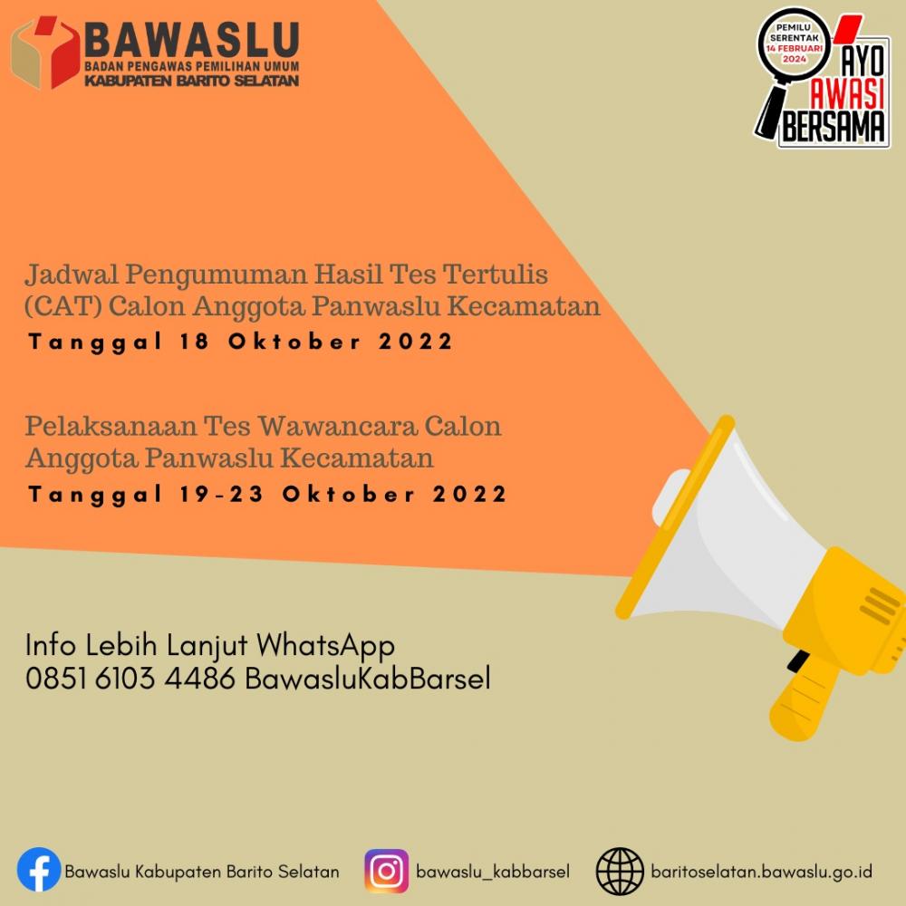 PENGUMUMAN HASIL TES TERTULIS CALON ANGGOTA PANWASLU KECAMATAN KABUPATEN BARITO SELATAN
