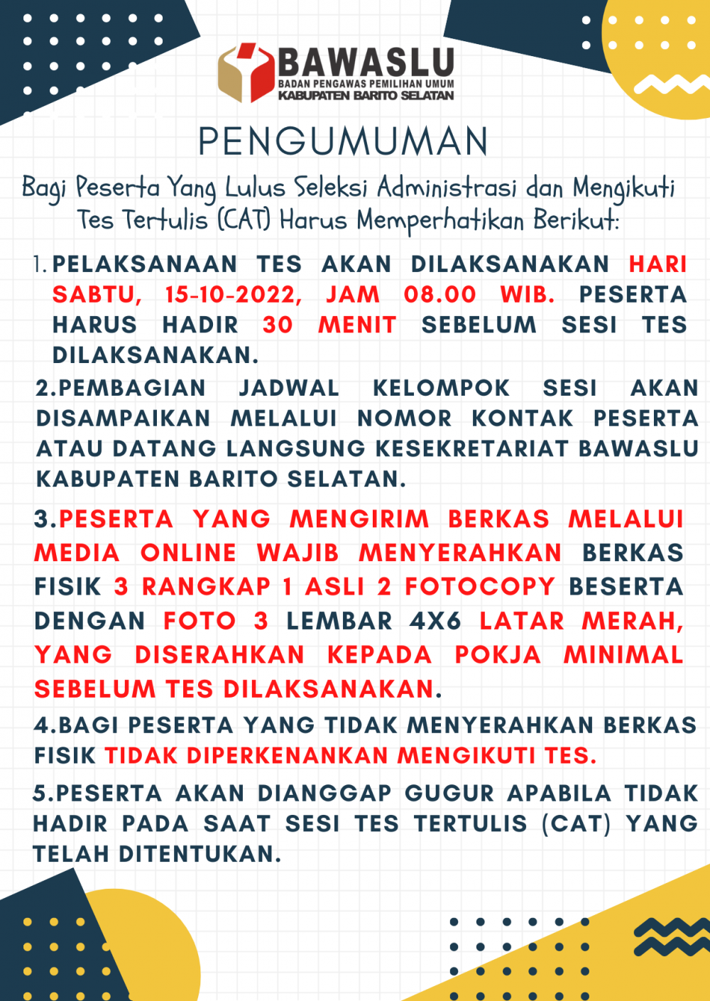 PENGUMUMAN HASIL SELEKSI ADMINISTRASI CALON ANGGOTA PANWASLU KECAMATAN UNTUK KABUPATEN BARITO SELATAN