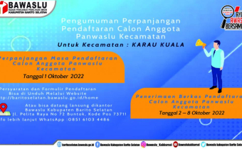 PENGUMUMAN PERPANJANGAN PENDAFTARAN CALON ANGGOTA PANWASLU KECAMATAN KARAU KUALA DALAM RANGKA PEMILU SERENTAK TAHUN 2024